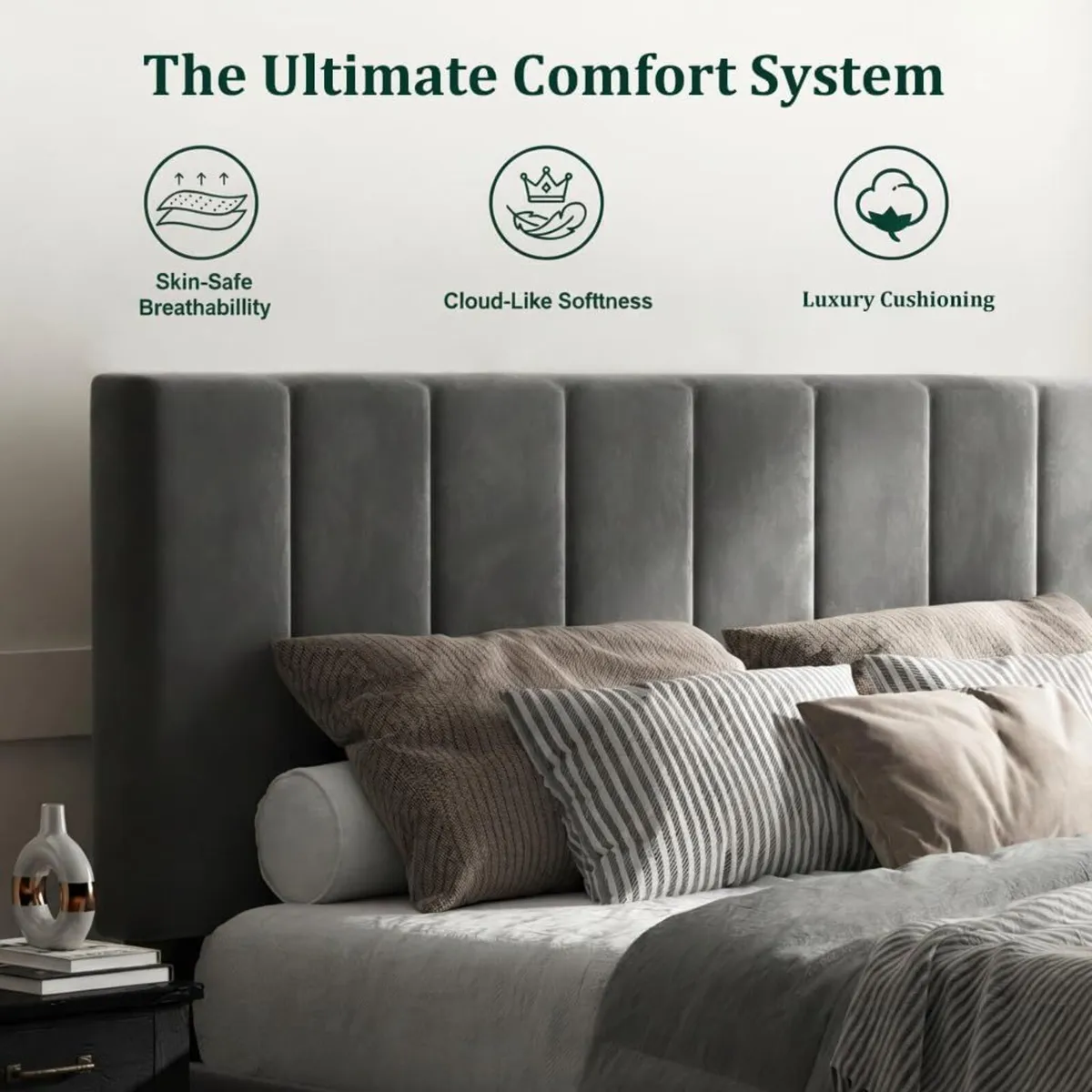 Single Bed Frame Dark Grey Upholstered Platform - Image 4