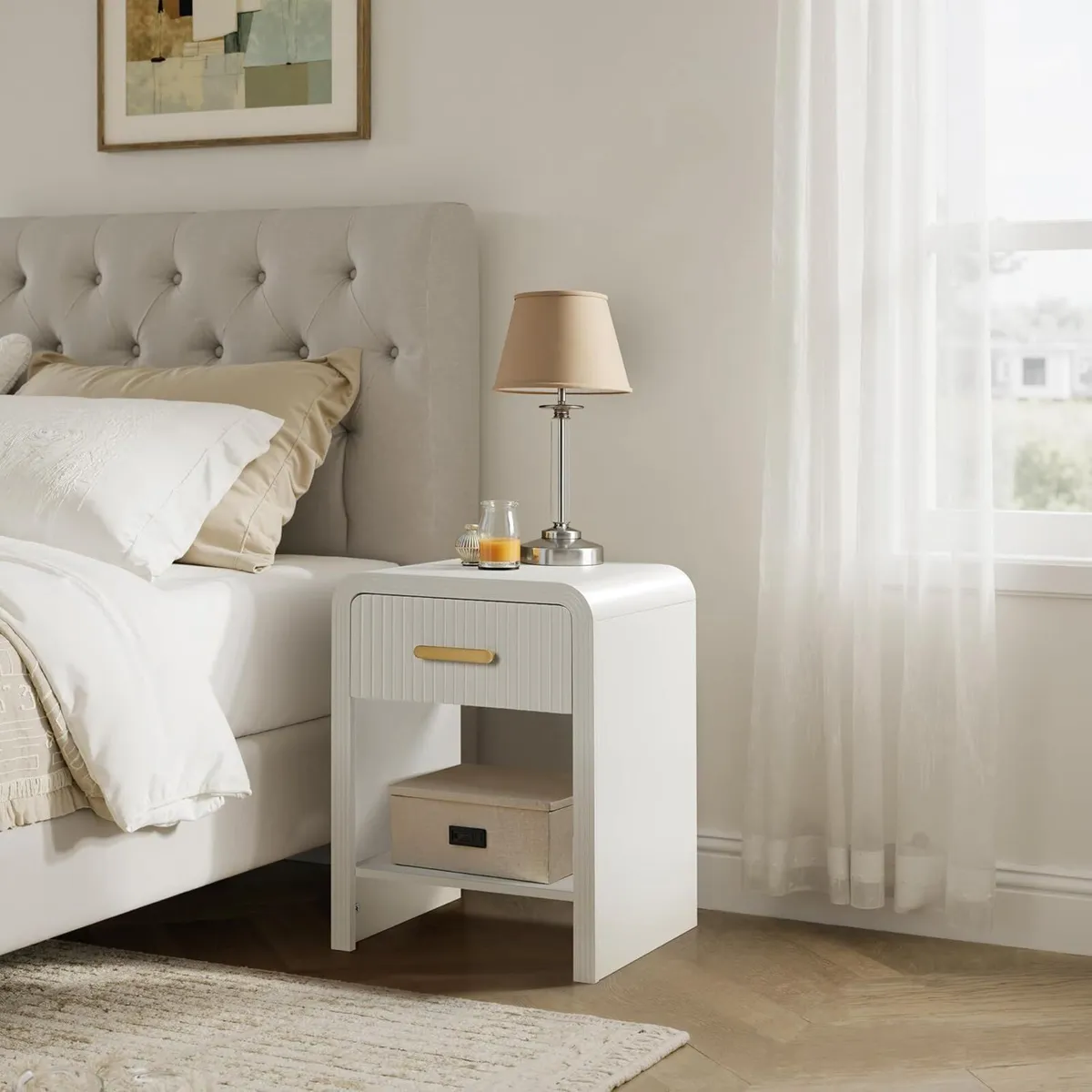 Bedside Table White and Gold Nightstand with - Image 3