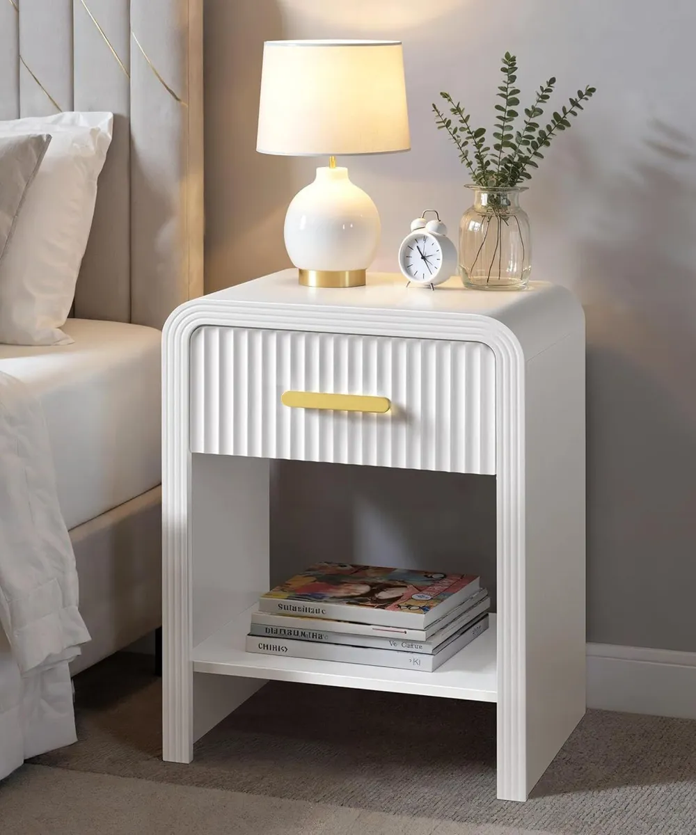 Bedside Table White and Gold Nightstand with - Image 1