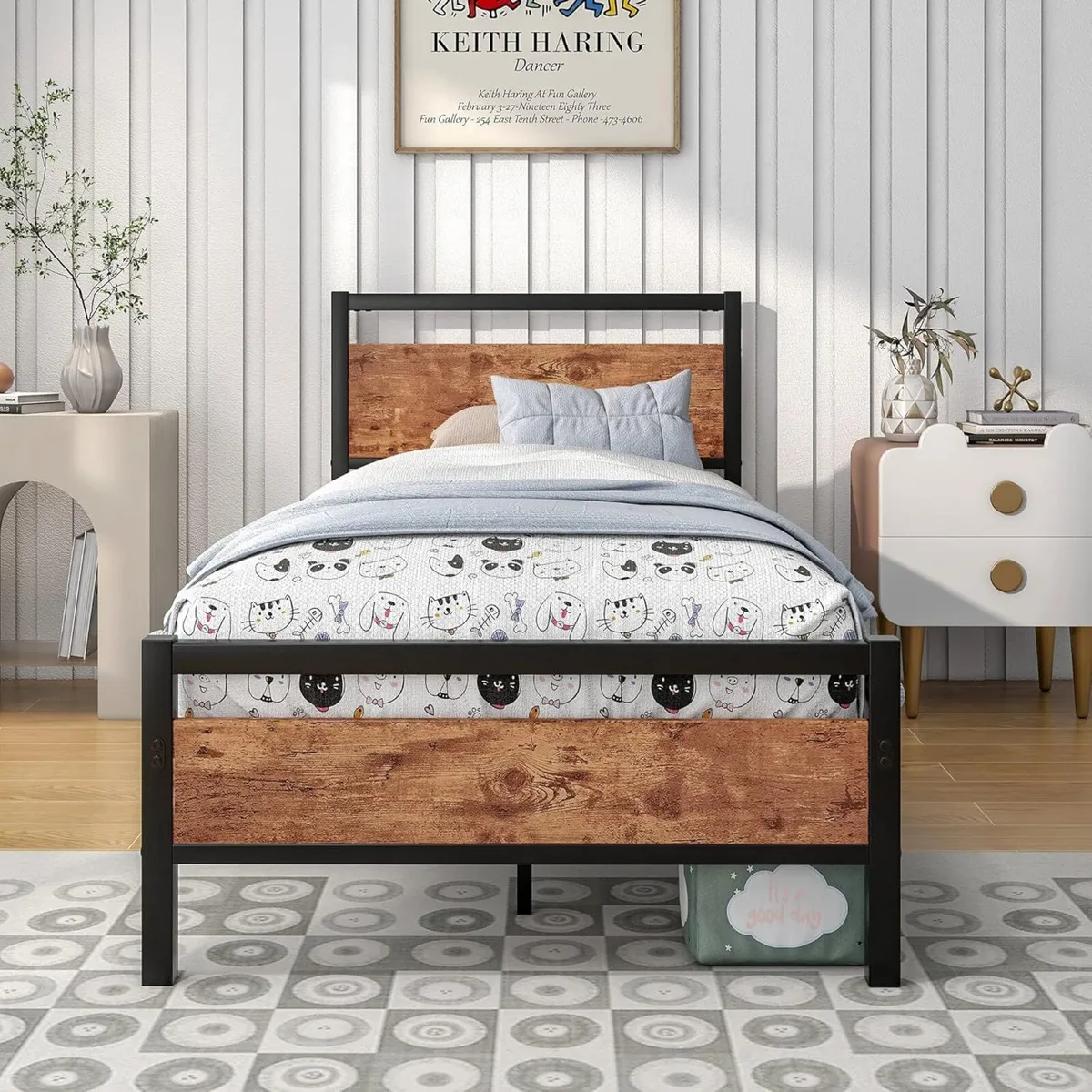 Metal Single Bed Frames with Wood Headboard - Image 1