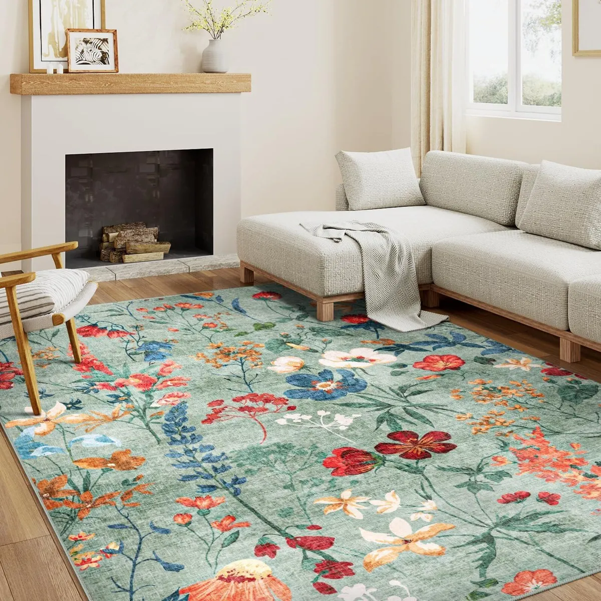 Rugs Living Room Green Washable Flower Area Rug - Image 1