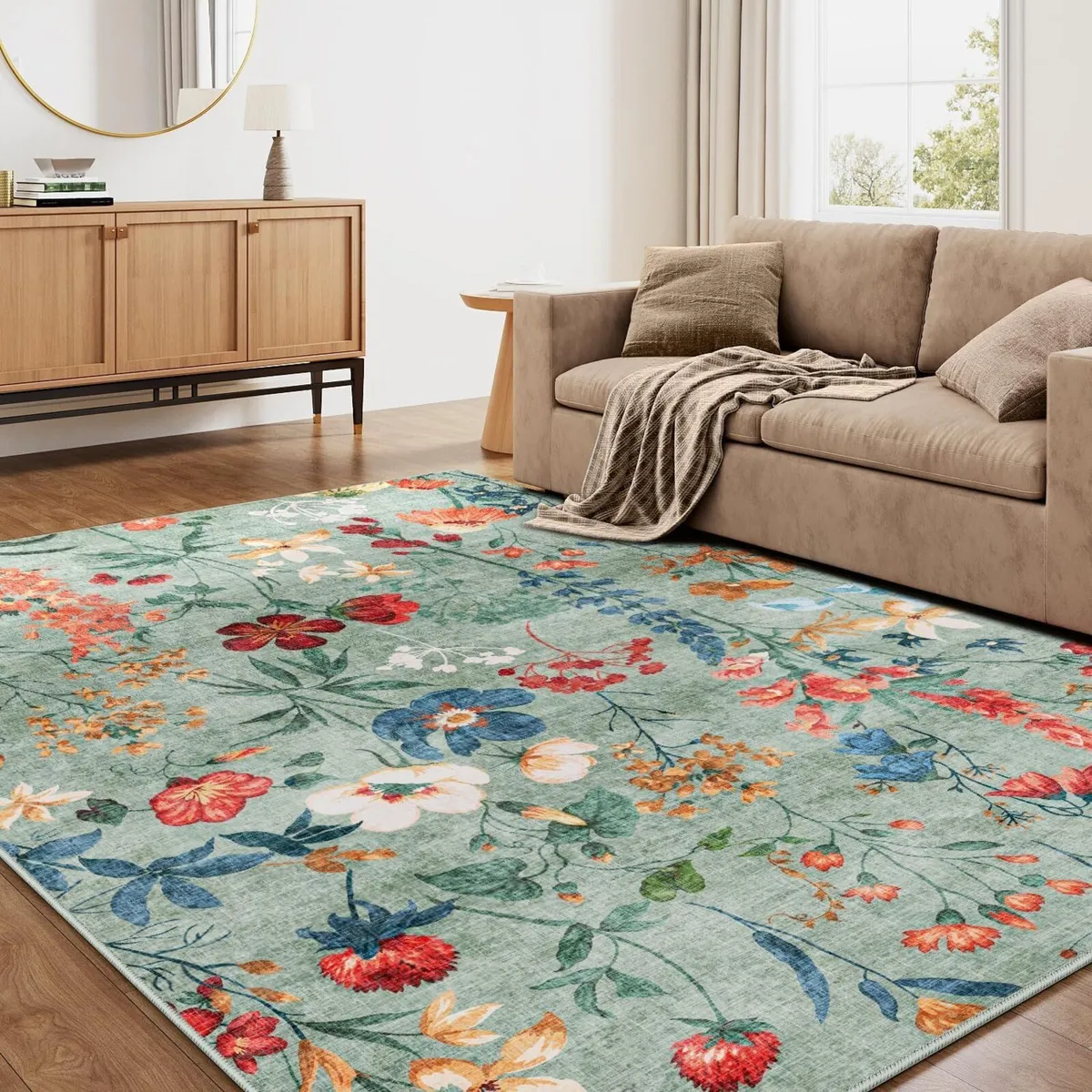 Rugs Living Room Green Washable Flower Area Rug - Image 3