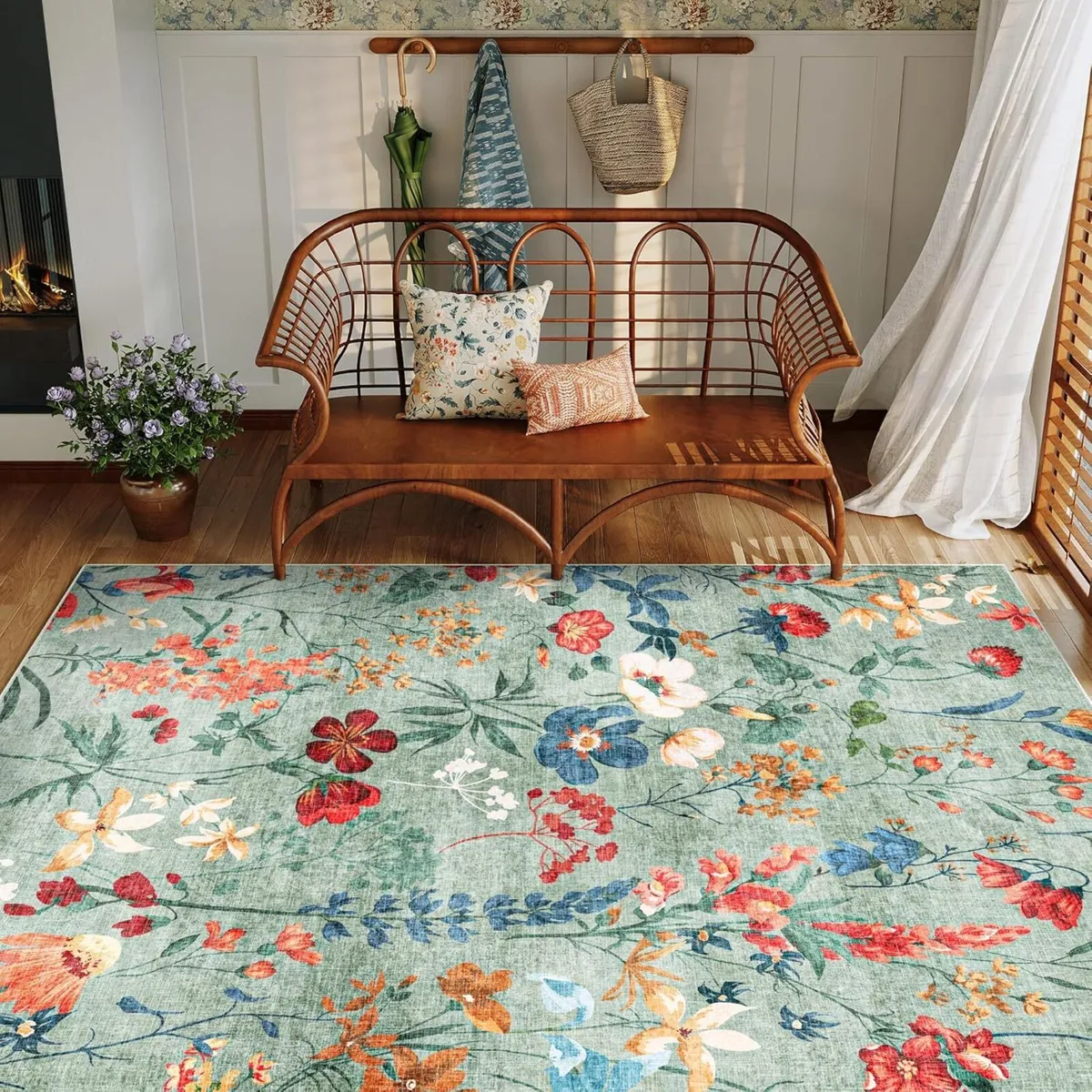 Rugs Living Room Green Washable Flower Area Rug - Image 4