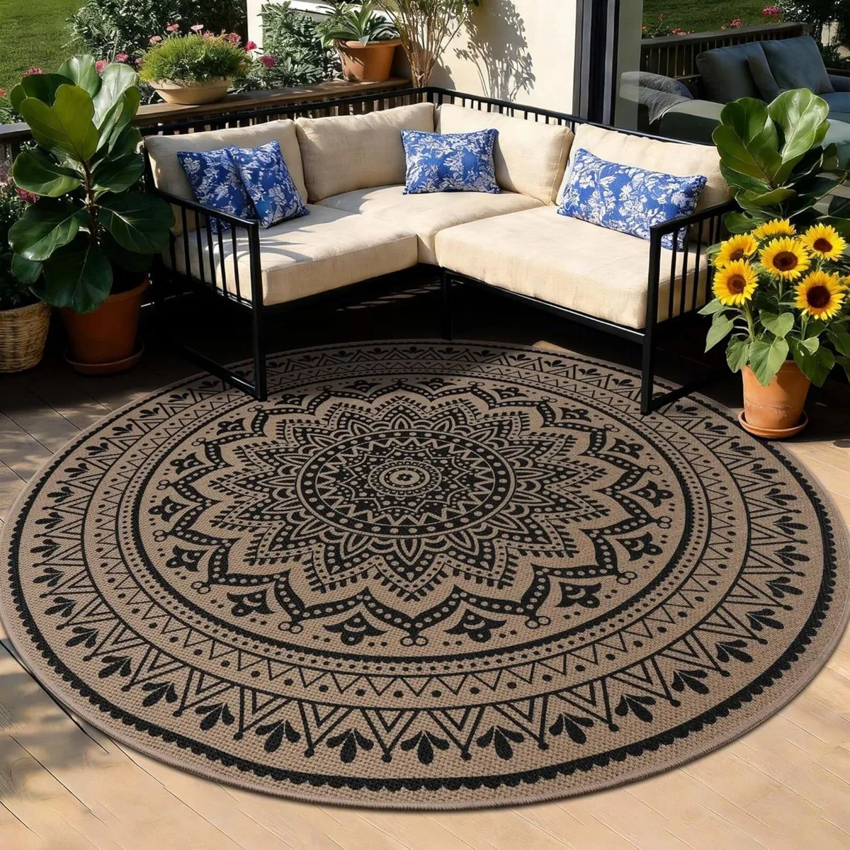 Round Rug Jute Look 160cm Patio Washable Non Slip - Image 1