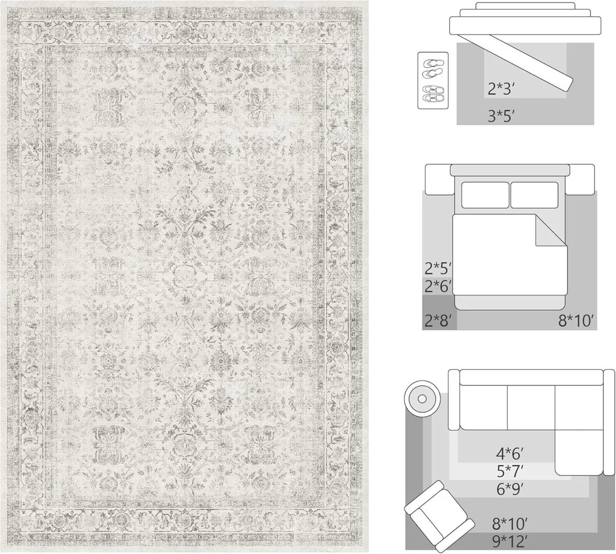 Washable Area Rug Grey Vintage Neutral Distressed - Image 2