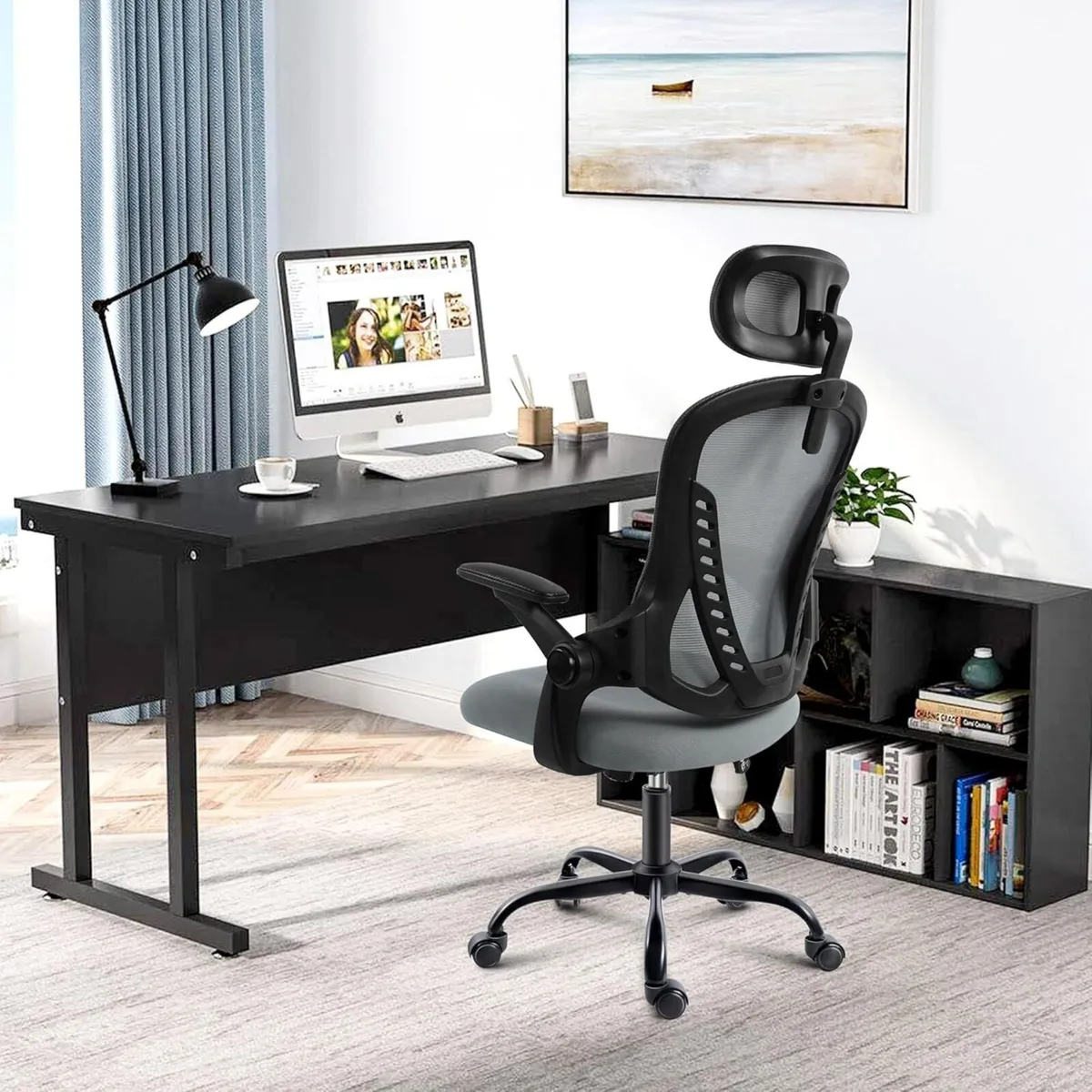 Office Chair with Headrest Mesh Desk Flip-up - Image 2