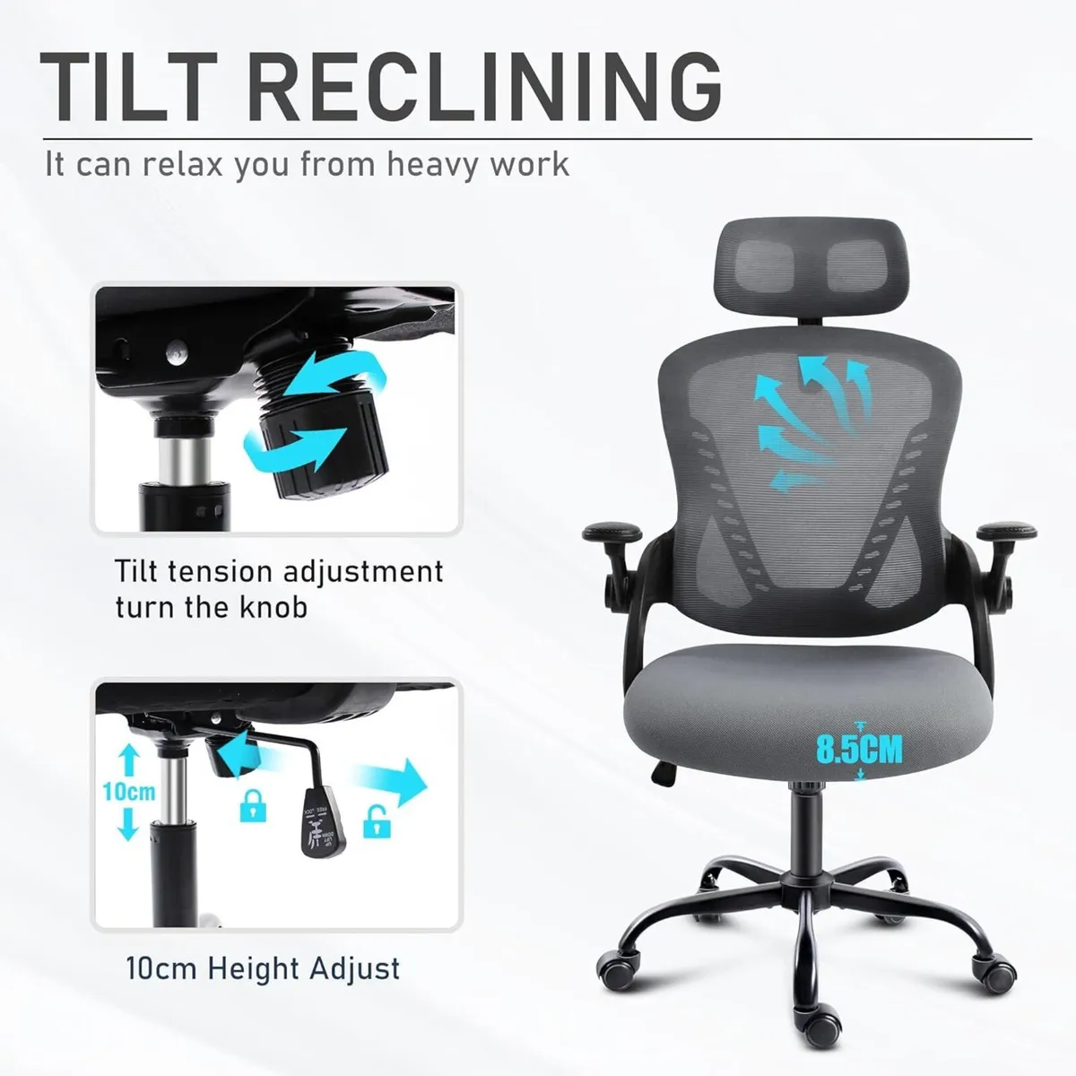 Office Chair with Headrest Mesh Desk Flip-up - Image 4