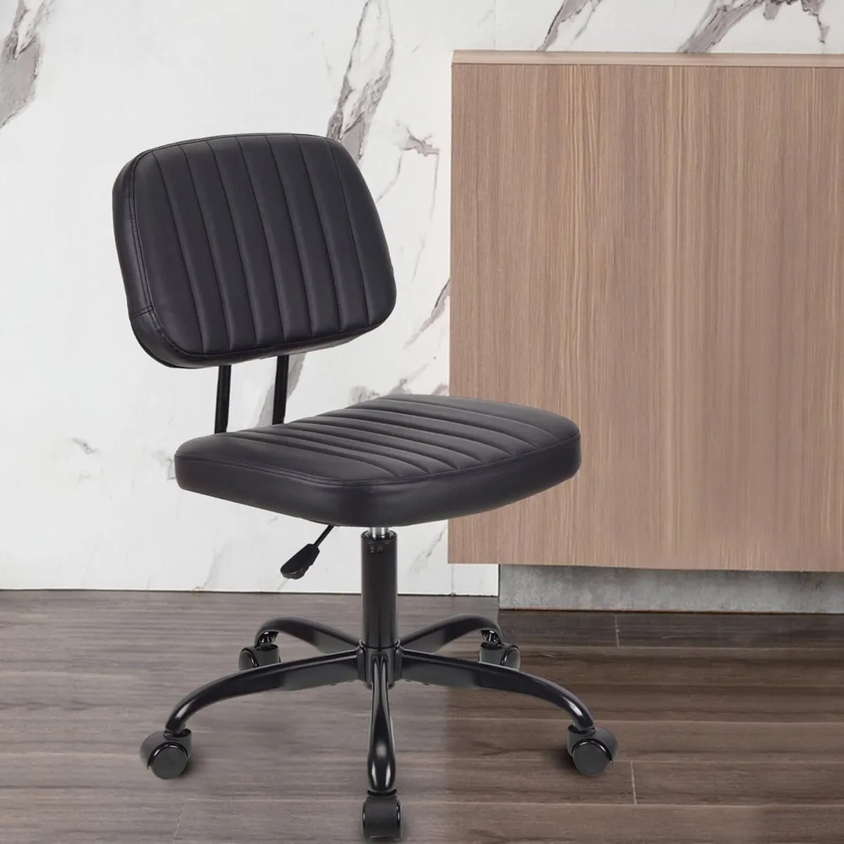 Armless Desk Chair Modern Style Office Black PU - Image 2