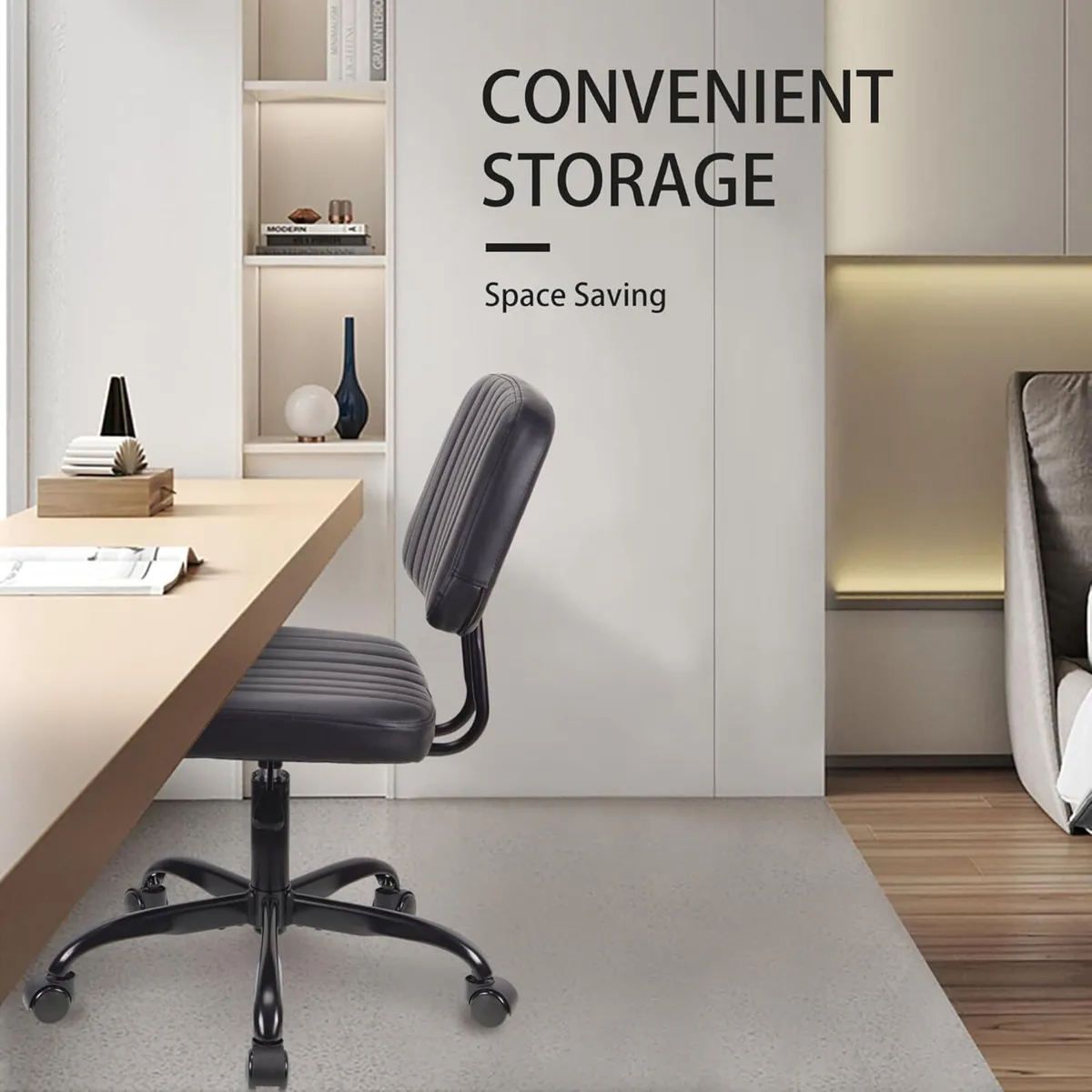 Armless Desk Chair Modern Style Office Black PU - Image 4