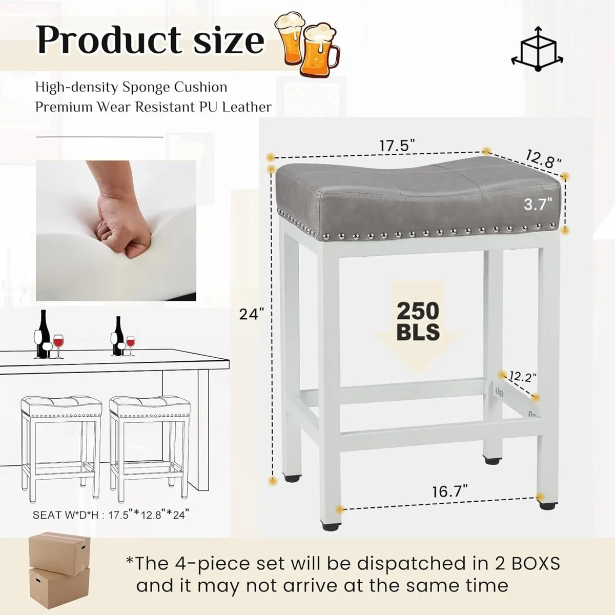 24 inch Bar Stools Set of 2 Upholstered Modern - Image 2