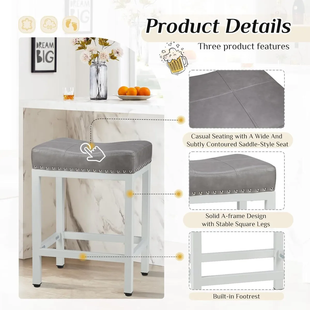 24 inch Bar Stools Set of 2 Upholstered Modern - Image 4