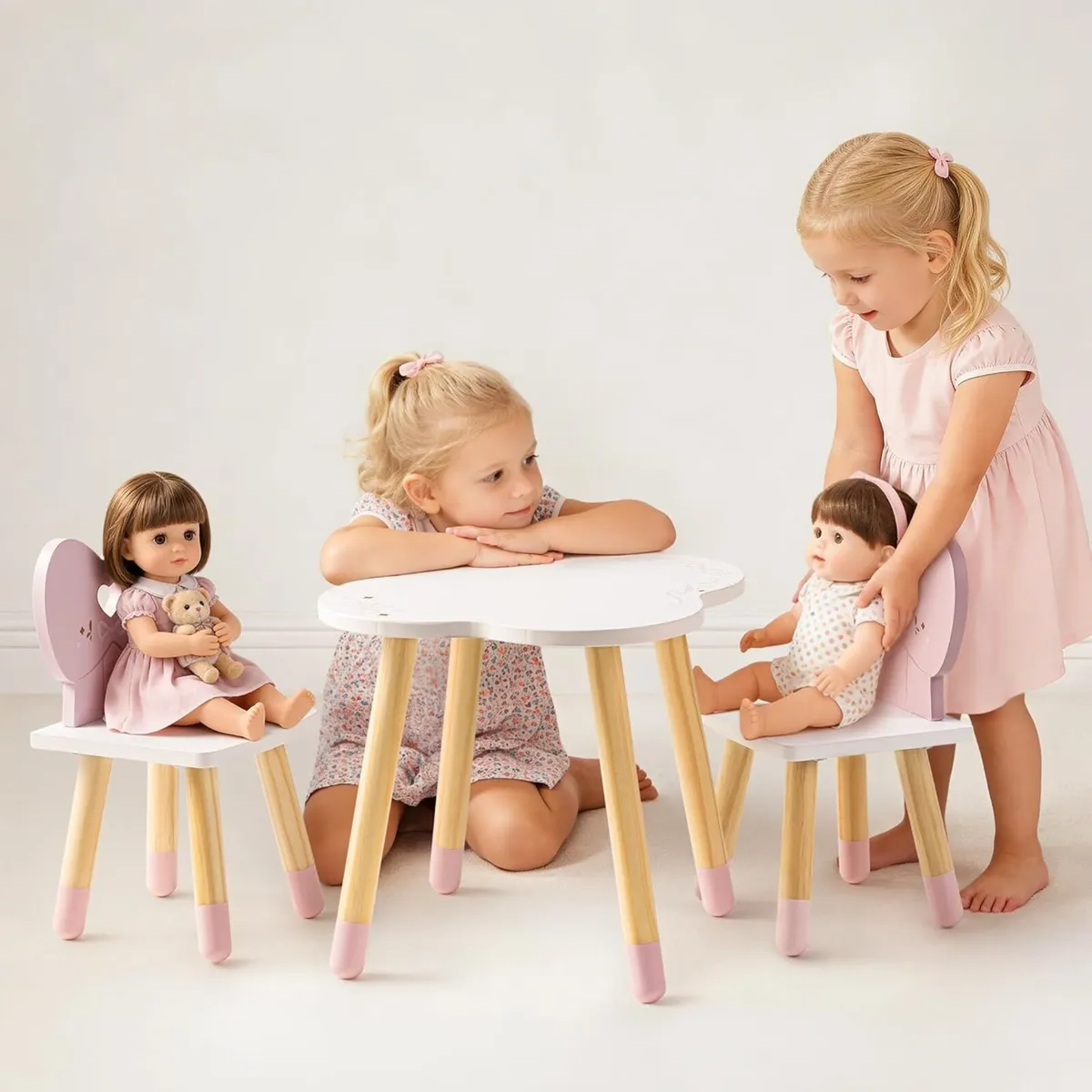 18 Inch Dolls Table Chairs Set Wooden Doll - Image 2