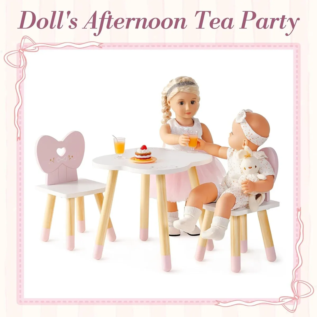 18 Inch Dolls Table Chairs Set Wooden Doll - Image 4