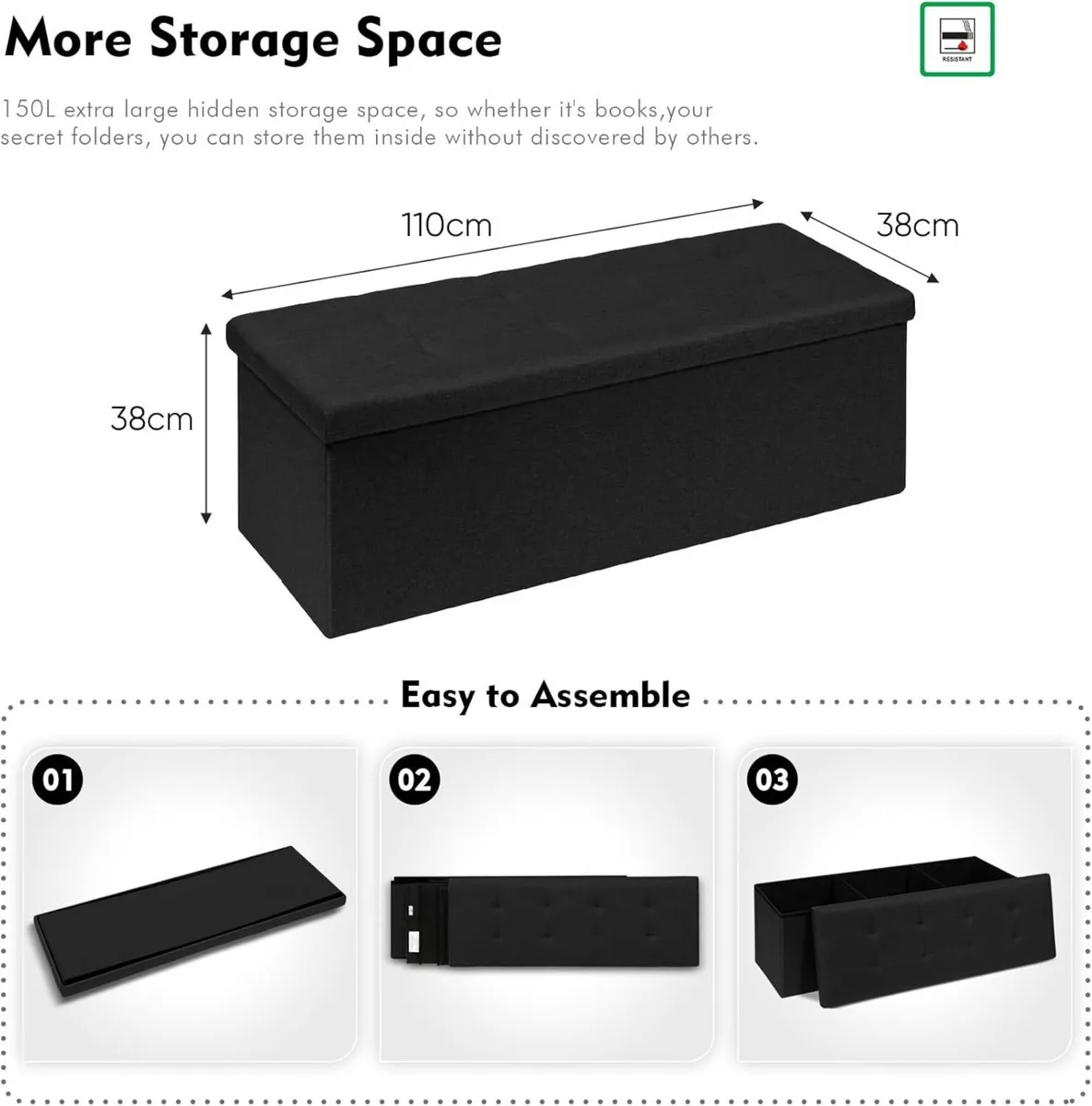 Extra Large Ottoman Storage Box with Lid Black - Image 3