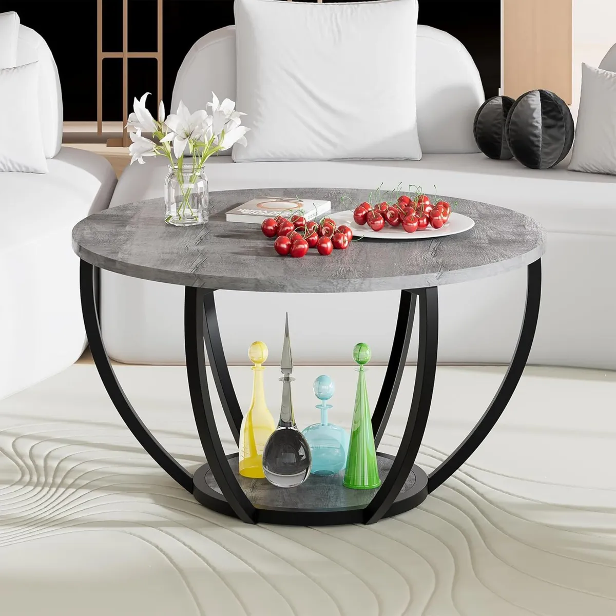 Round Coffee Table Wooden 2-Tier Circle Tables - Image 1