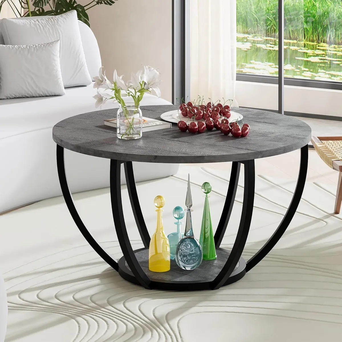 Round Coffee Table Wooden 2-Tier Circle Tables - Image 3