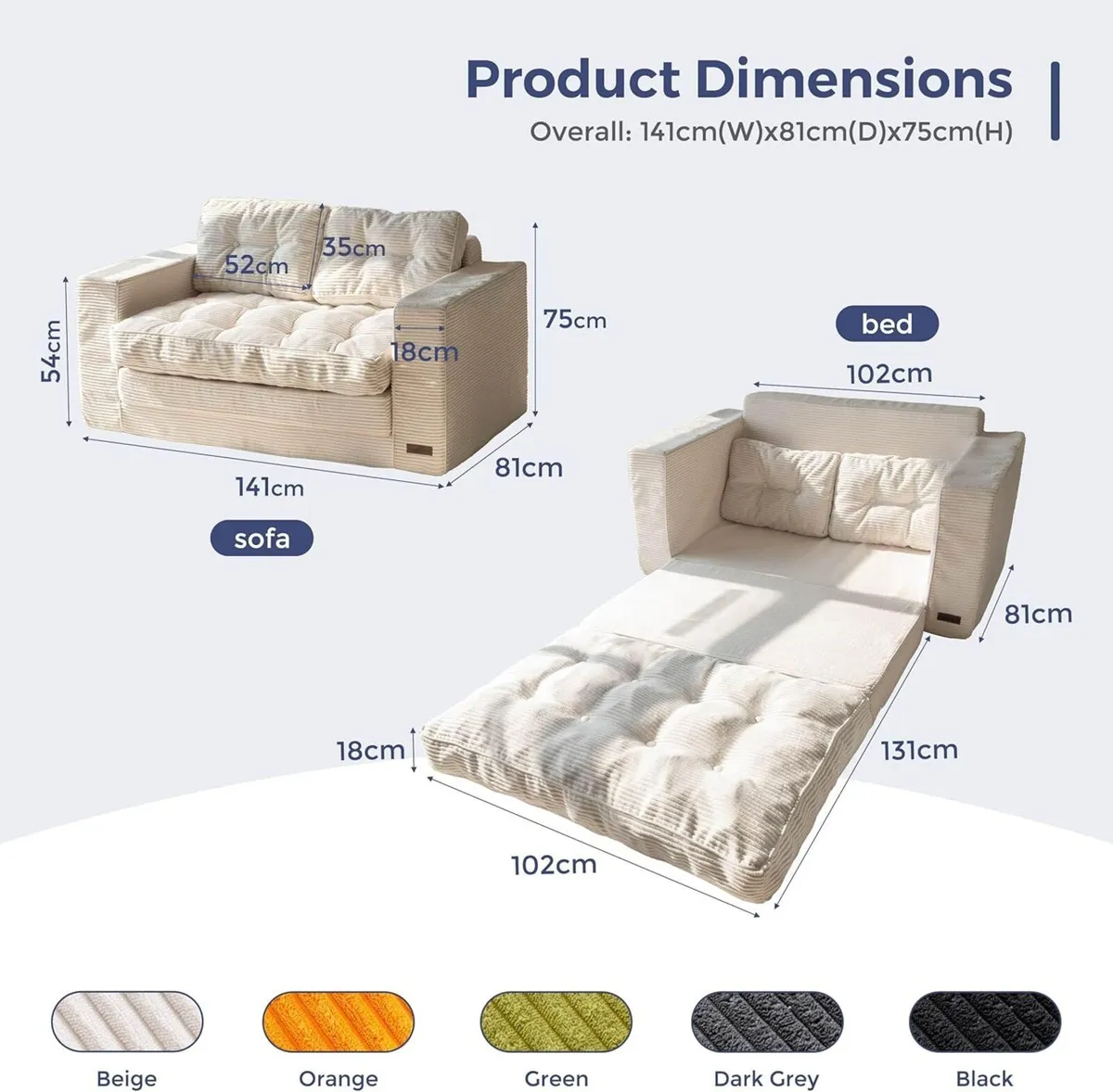 Sofa Bed Loveseat Convertable with 2 Pillows in 1 - Image 3