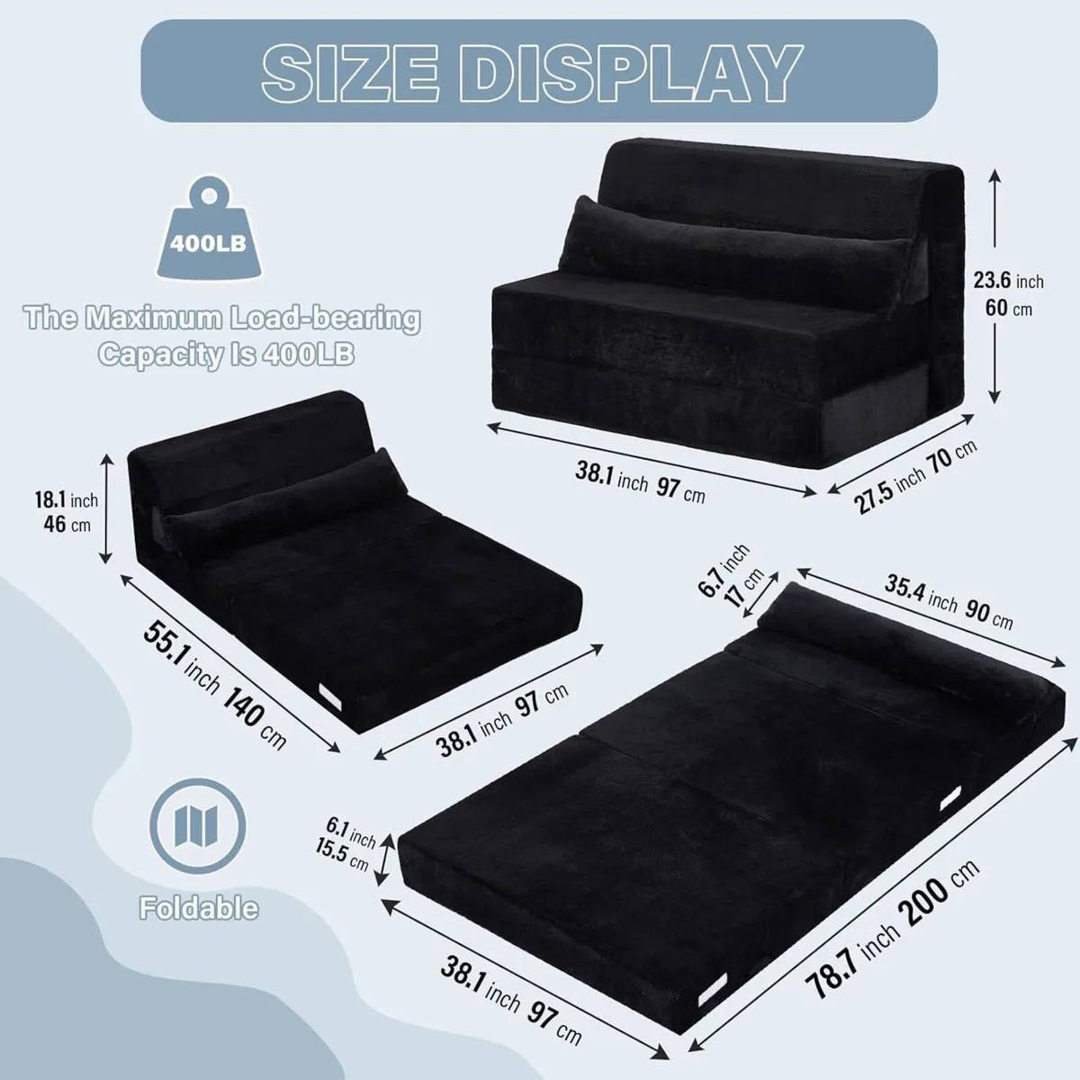 Folding Sofa Bed with Pillow Single Size 4-in-1 - Image 3