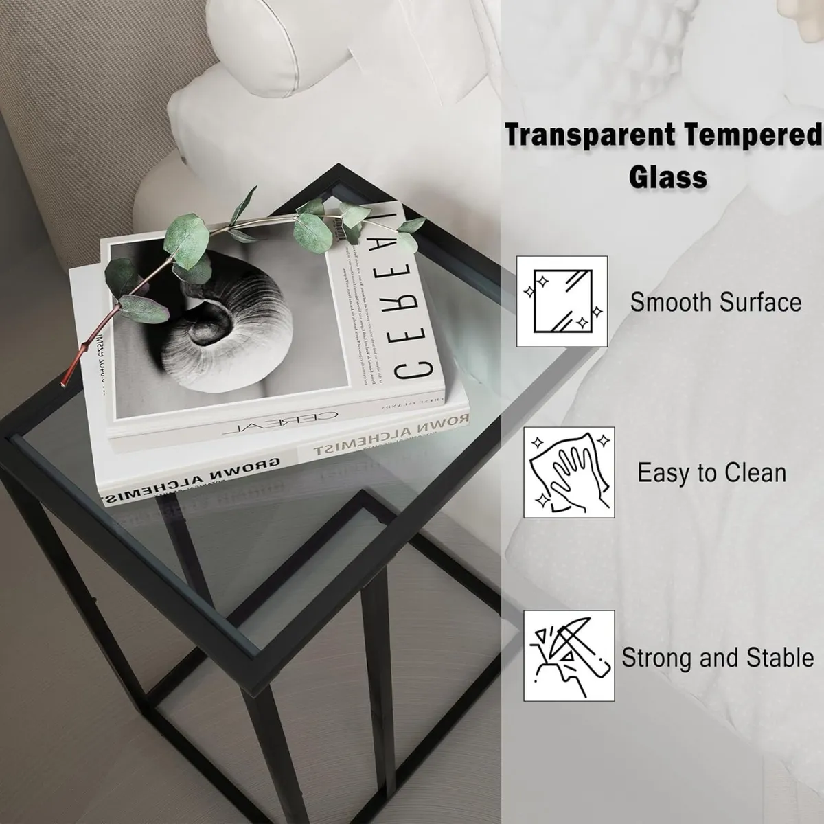 C Shaped End Table Set of 2 Glass Side for Couch - Image 4