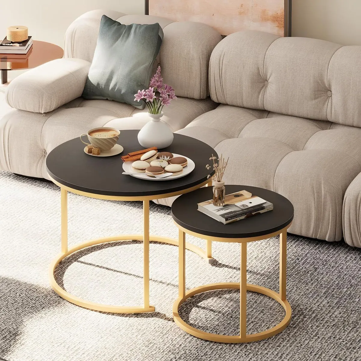 Round Coffee Tables Set of 2 End Table Nesting - Image 2