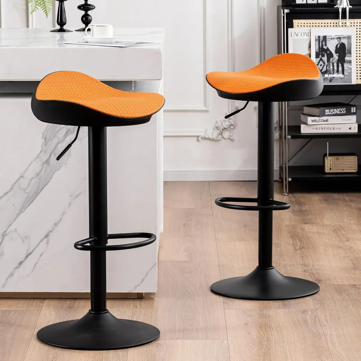 Orange Bar Stools Set of 2 PU Leather Woven Seat - Image 1