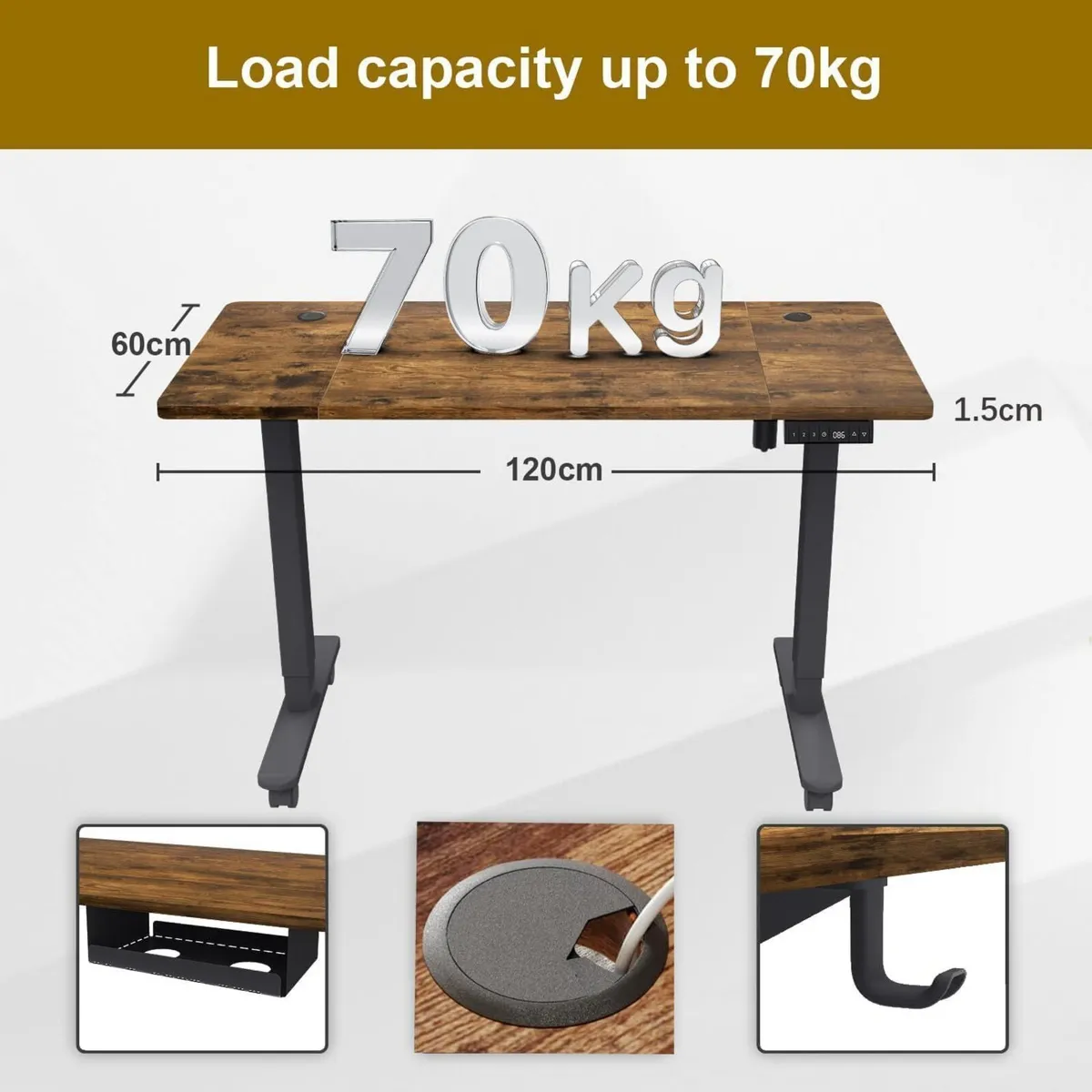 120 x 60cm Electric Standing Desk with USB - Image 2