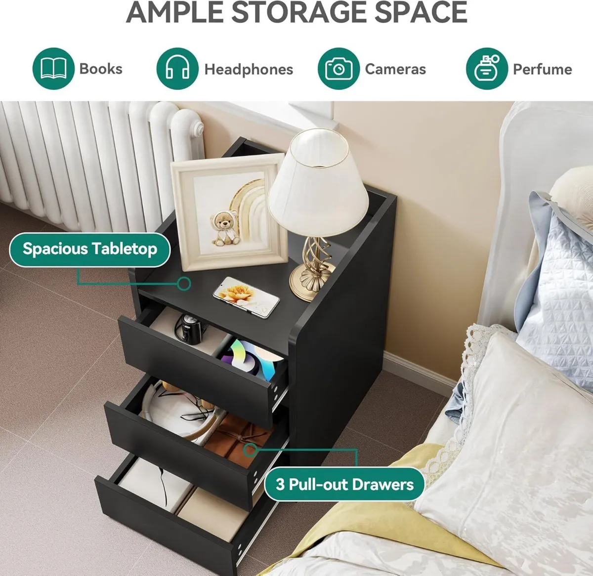 Set of 2 Bedside Table with 3-Drawer Nightstand - Image 4