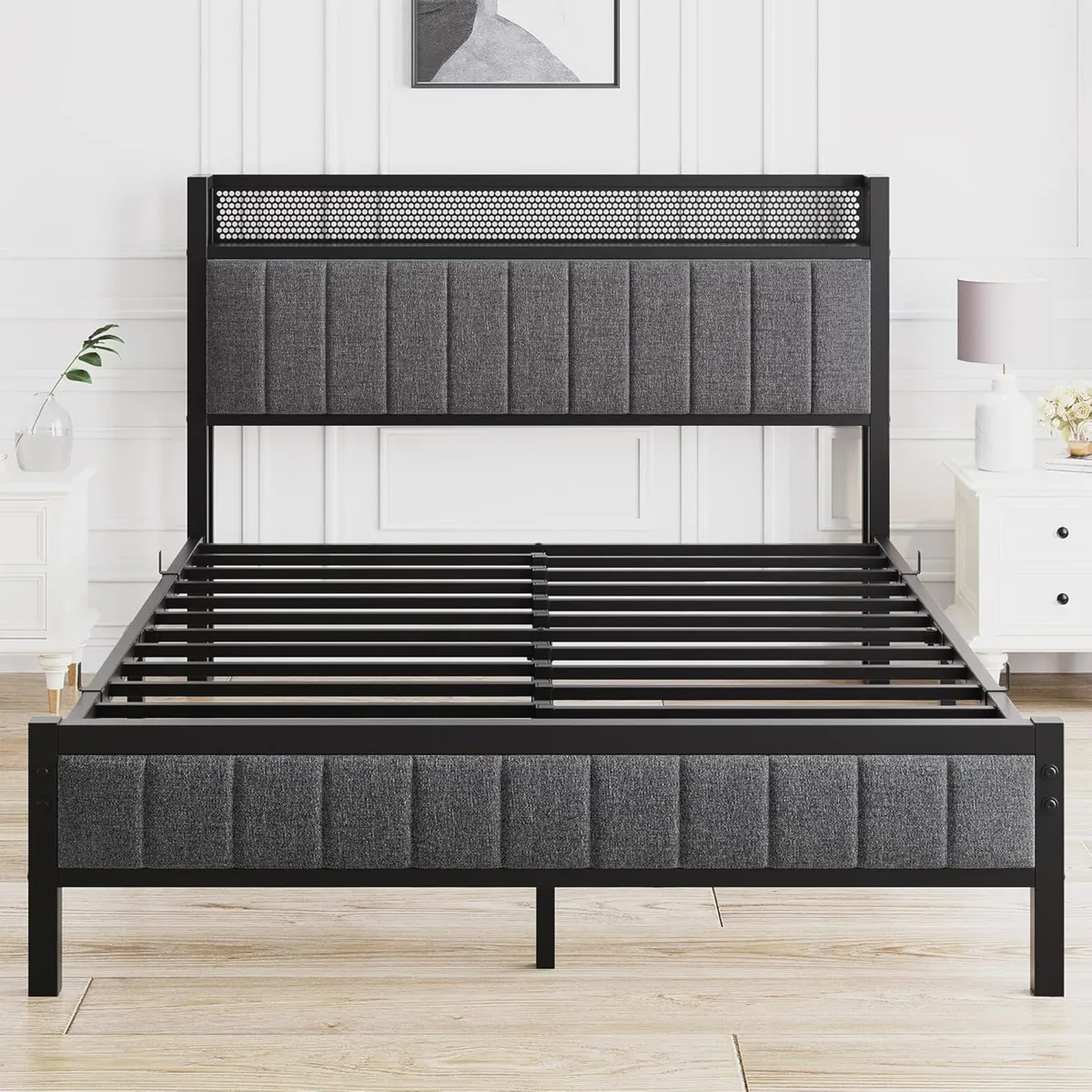 Double Bed Frame with Wooden Storage Headboard - Image 3