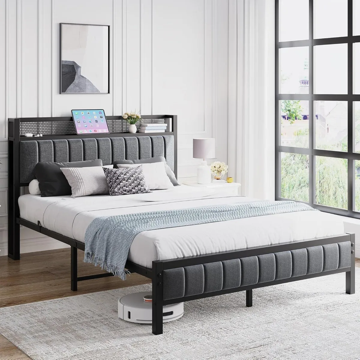 Double Bed Frame with Wooden Storage Headboard - Image 4