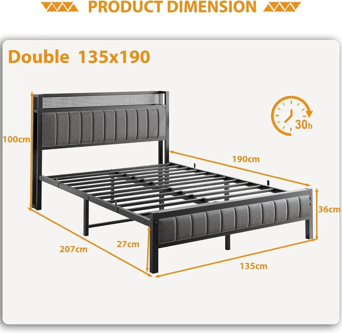 Double Bed Frame with Wooden Storage Headboard - Image 2