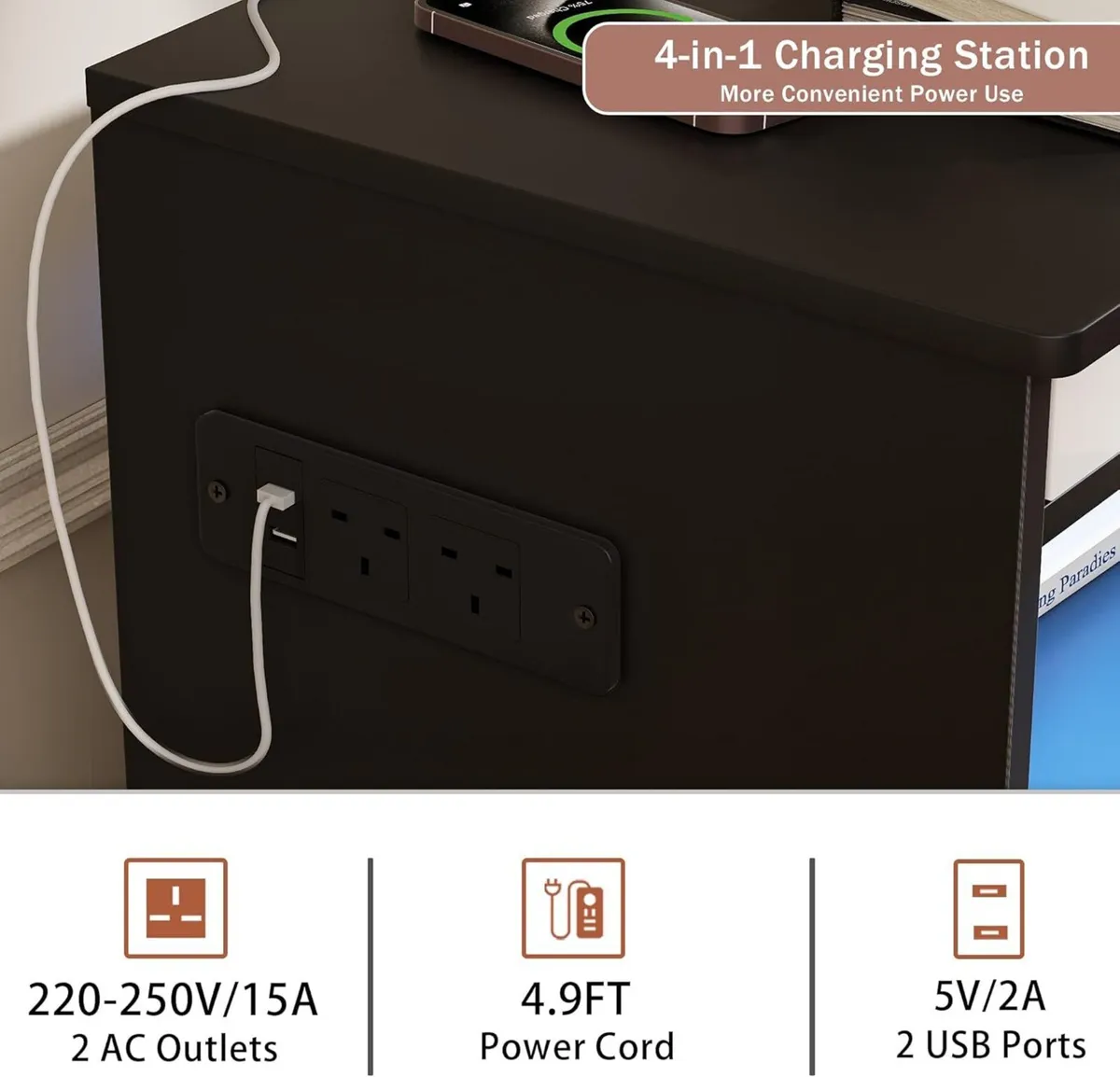 Bedside Table with Charging Station RGB LED Light - Image 3