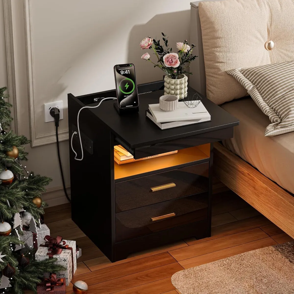 Bedside Table with Charging Station RGB LED Light - Image 1