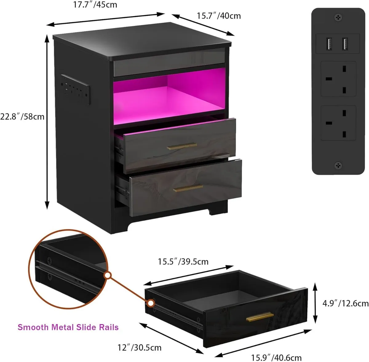 Bedside Table with Charging Station RGB LED Light - Image 2