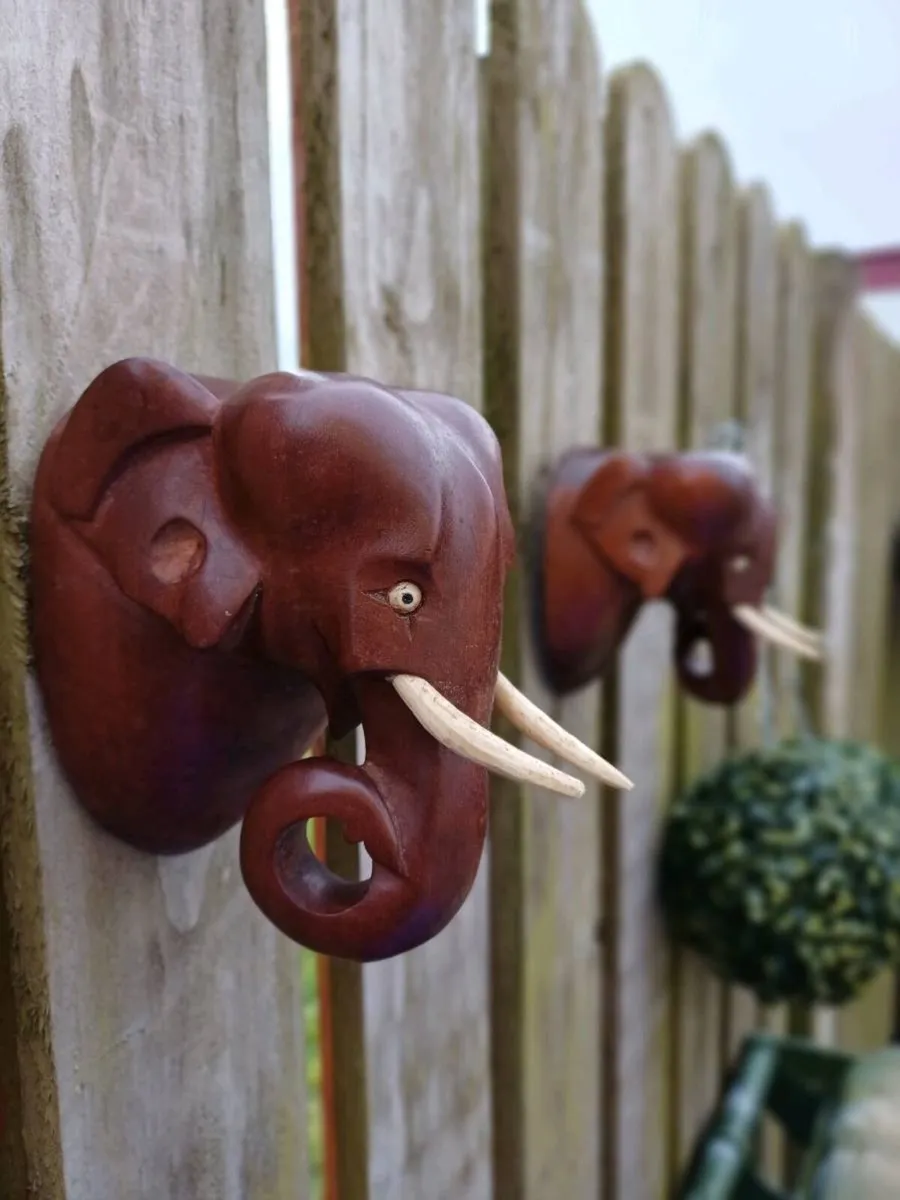 Vintage Handcarved Elephant Wall Plaques - Image 1