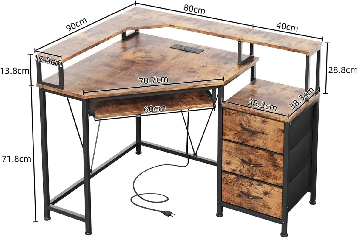 90x90cm L Shaped Desk with 3 Drawers Corner - Image 3