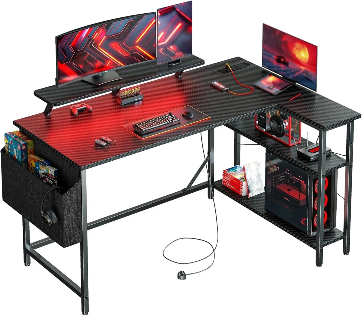 L Shaped Gaming Desk with LED Lights Power - Image 1