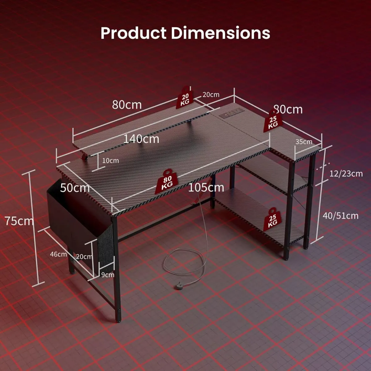 L Shaped Gaming Desk with LED Lights Power - Image 2