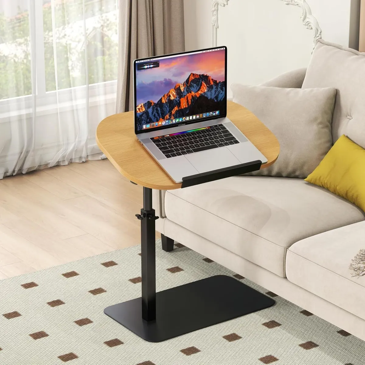 Solid Wood C Shaped Side Table Adjustable Height - Image 1