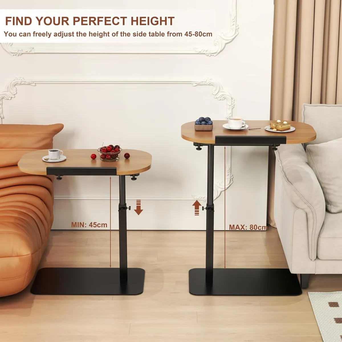 Solid Wood C Shaped Side Table Adjustable Height - Image 2