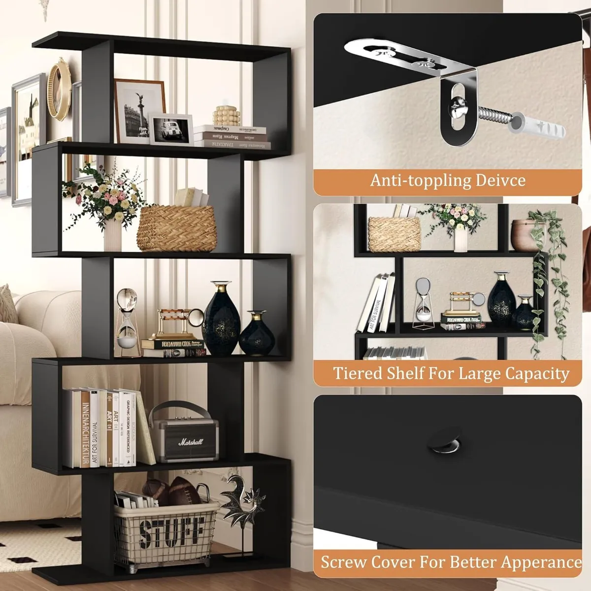 Bookshelf 5-Tier Geometric Bookcase S Shaped Book - Image 4