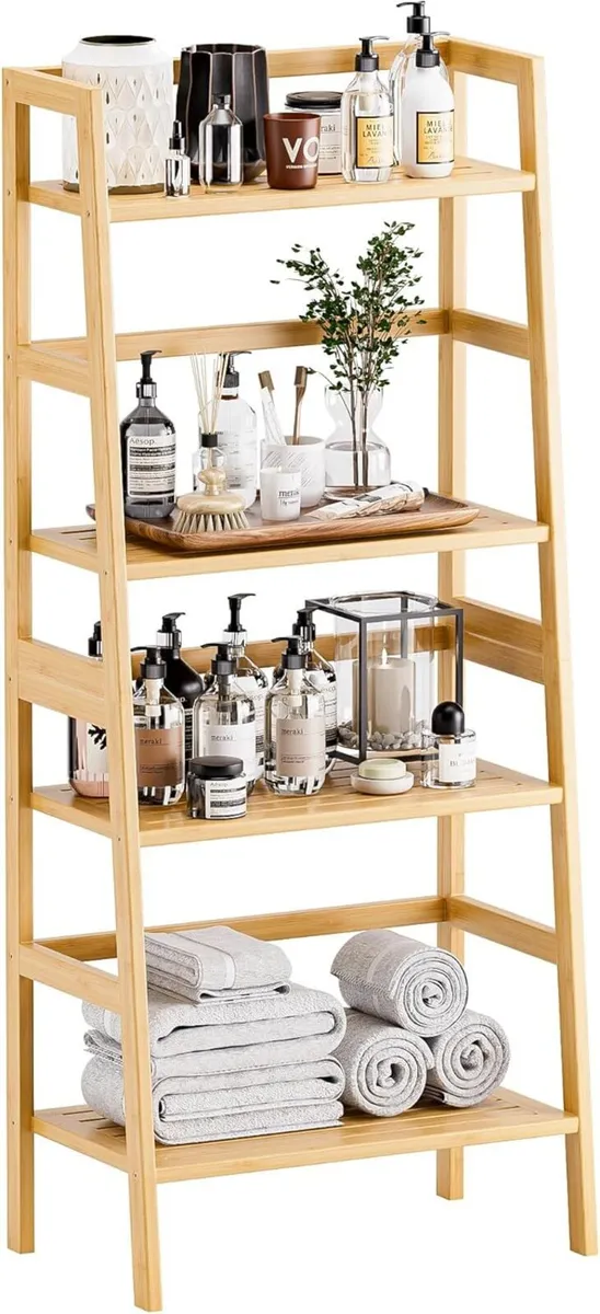 Ladder Shelf 4-Tier Bookshelf Bamboo Leaning - Image 1