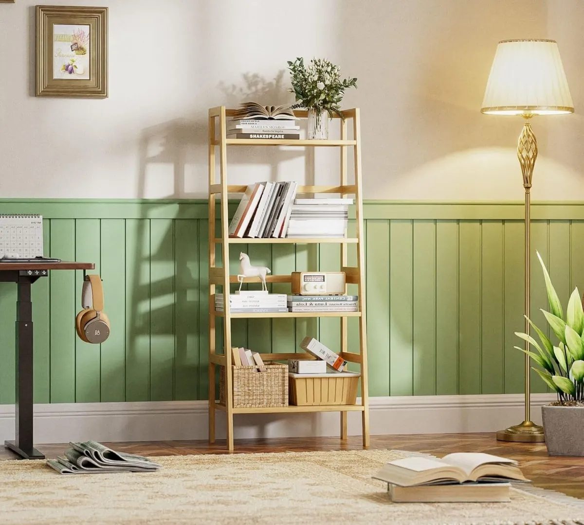 Ladder Shelf 4-Tier Bookshelf Bamboo Leaning - Image 2