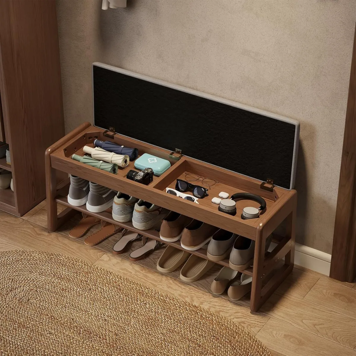 Small Shoe Bench with Cushion Storage Seat Wooden - Image 1