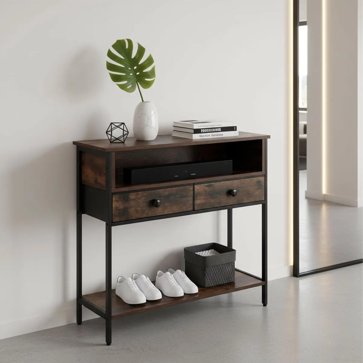 Industrial Console Table with 2 Drawers MDF Metal - Image 2