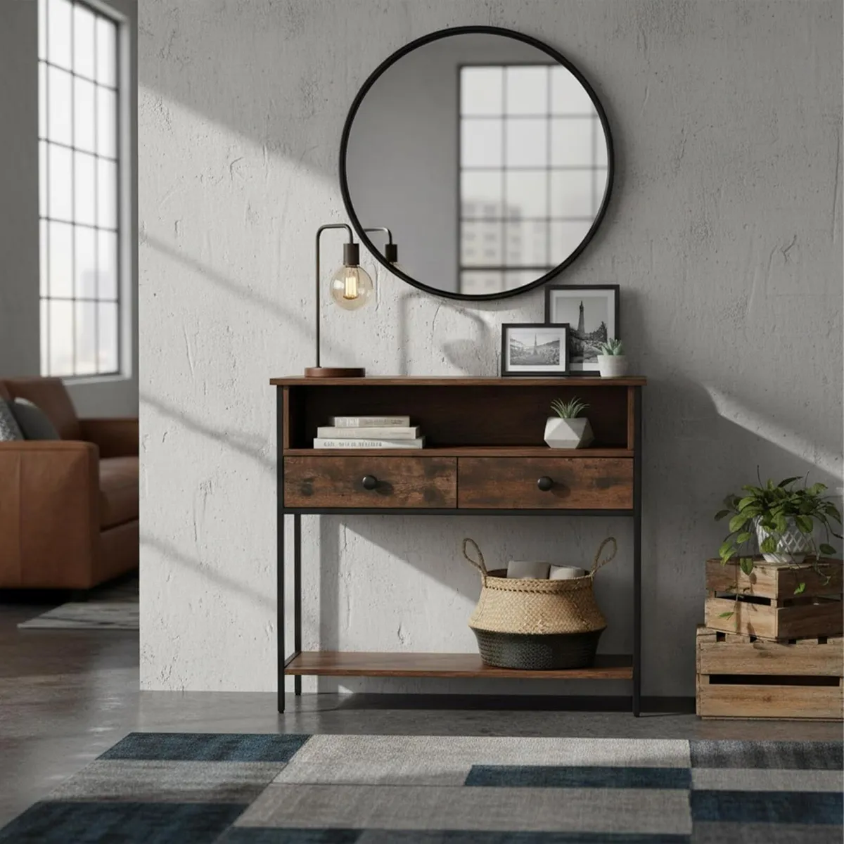 Industrial Console Table with 2 Drawers MDF Metal - Image 4