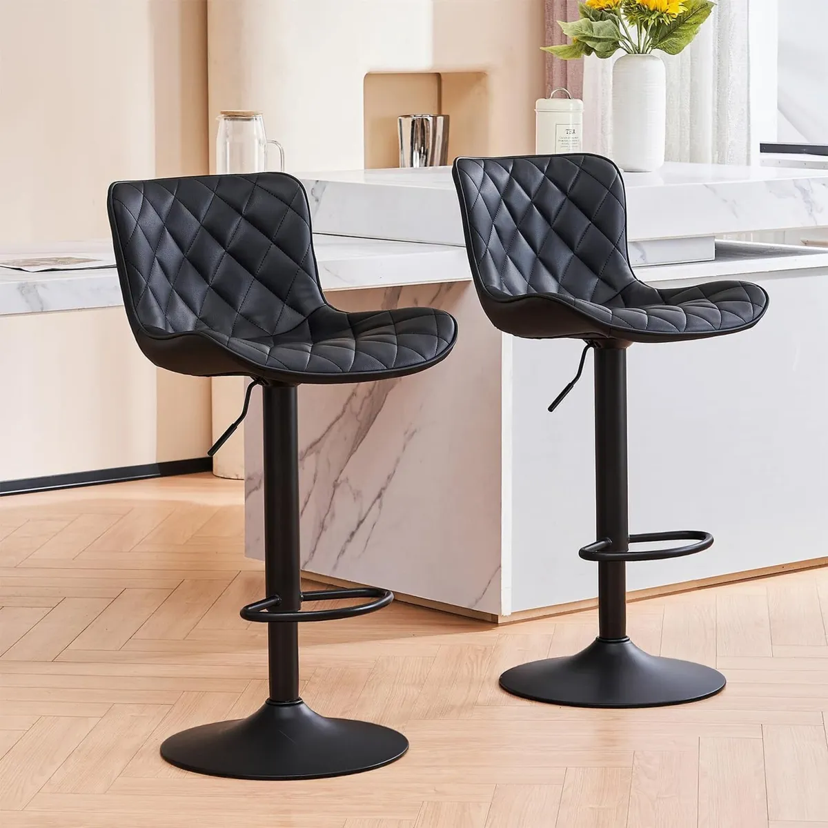 Black Bar Stools Set of 2 PU Leather Barstools - Image 1