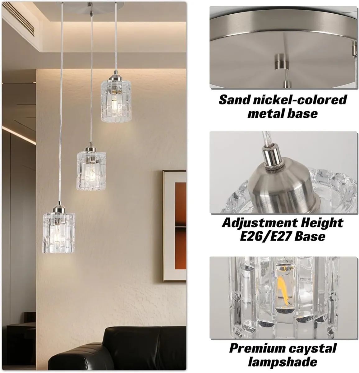 3 Ring Crystal LED Pendant Light Modern Chrome - Image 3