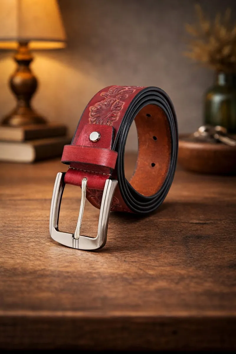 Unisex Genuine Leather Tooled Western Belt - Image 1