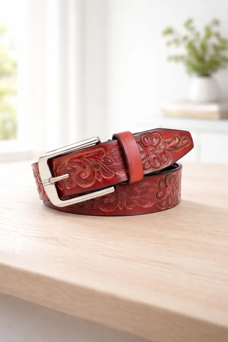 Unisex Genuine Leather Tooled Western Belt - Image 4