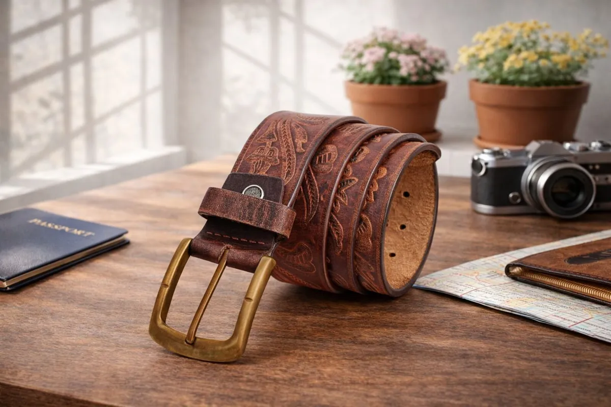 Unisex Genuine Leather Tooled Western Belt - Image 1